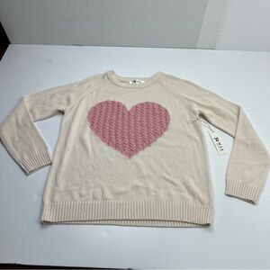 Ye Mak Sweater Cream Pink Heart Knit‎ Womens Large Long Sleeve Cotton Blend NEW